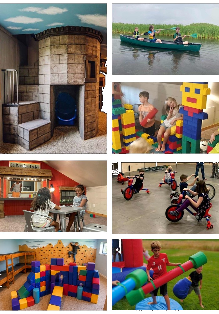 Kids at Three Peaks Lodge — castle slides, canoeing, 3 Peaks Café, giant blocks, playroom, trikes, and lawn games